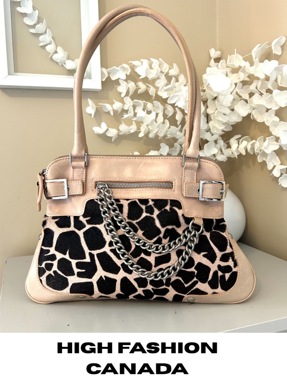 NWT Rare Vintage High Fashion Leather Calf Hair Handbag Giraffe Print